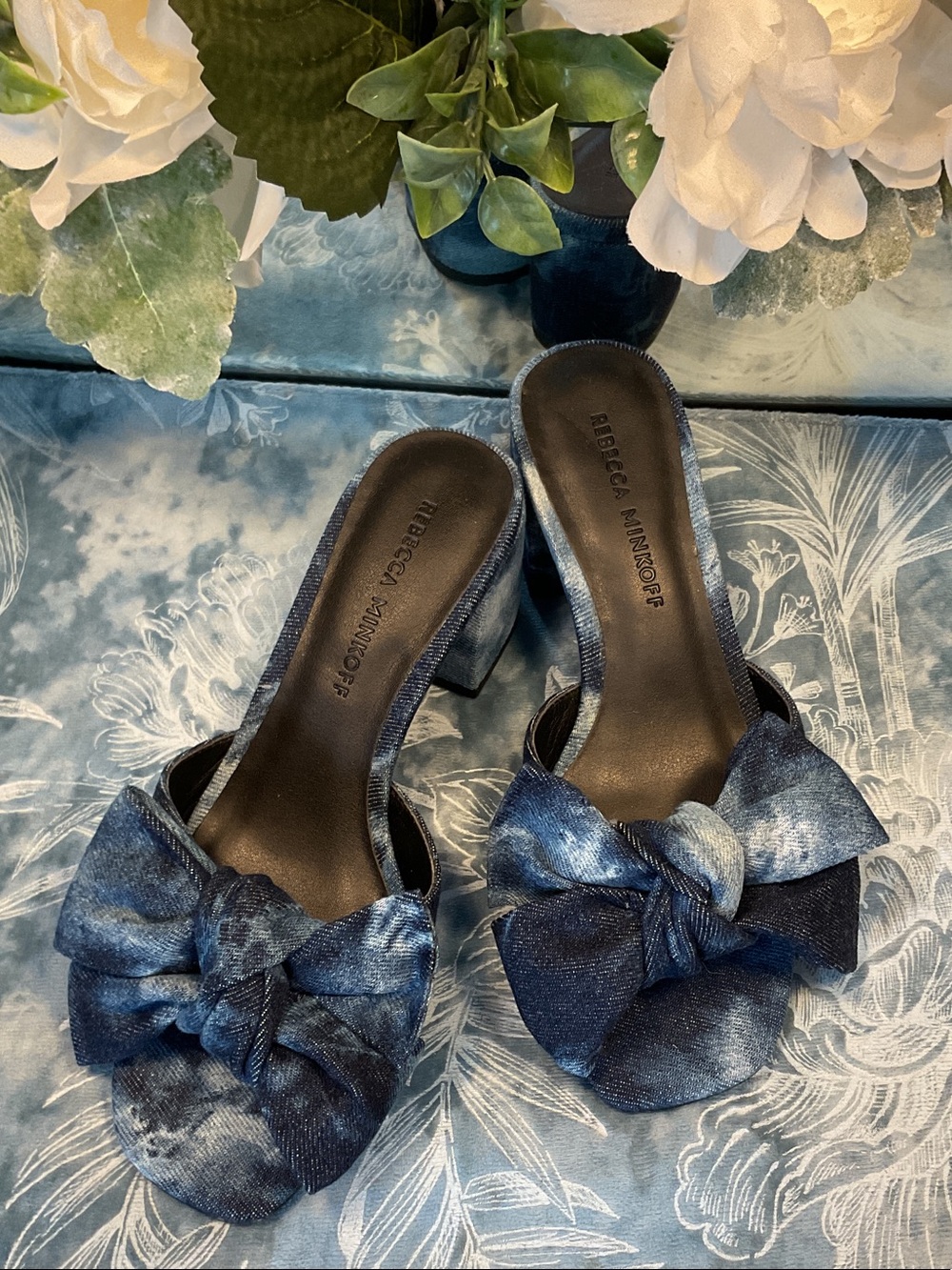 Rebecca Minkoff Blue Tie-Dye Denim Bow Mules